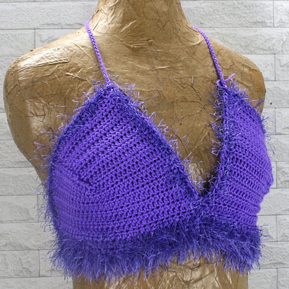 HAND CRAFTED Crop Top Crochet Bikini Fringe Halter Faux Fur Feather Purple